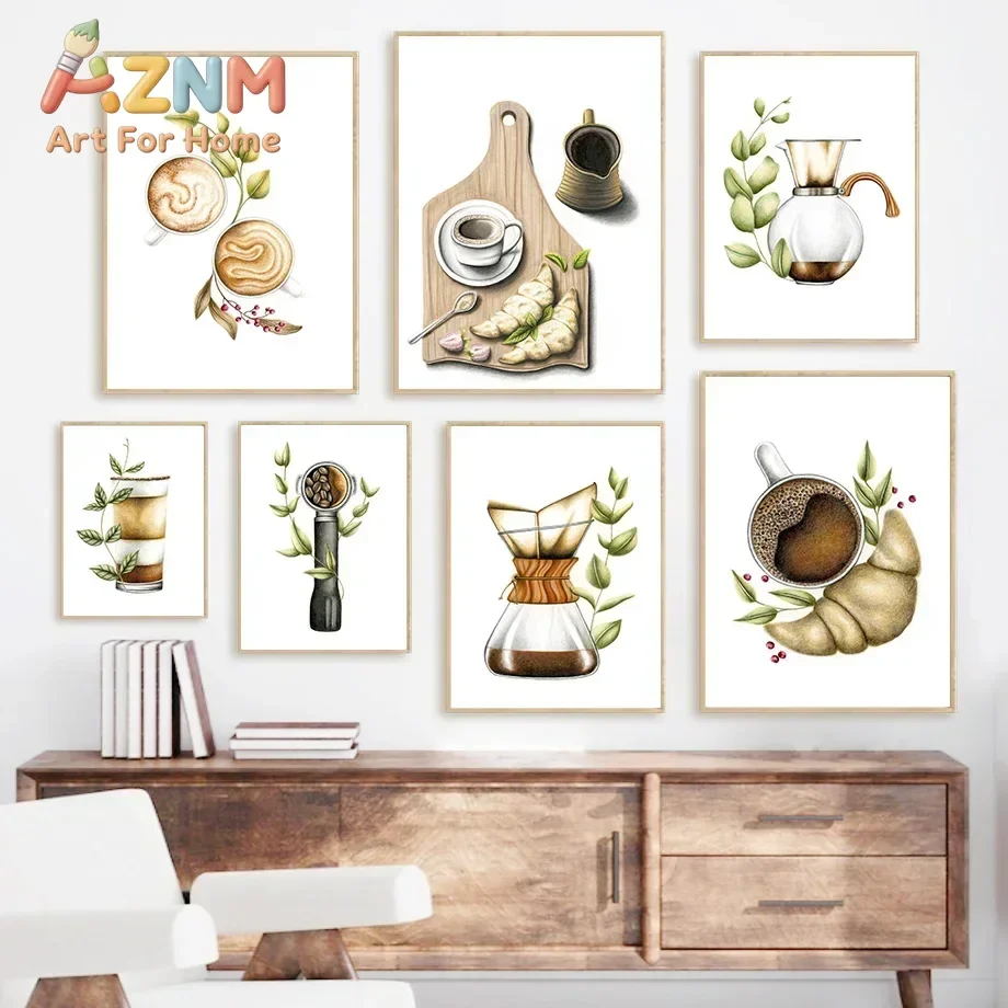 AZNM Coffee Theme Canvas Wall Art Latte Croissant Coffee Bean Watercolor Kitchen Food Art Print Unframed Canvas Poster for Dinin