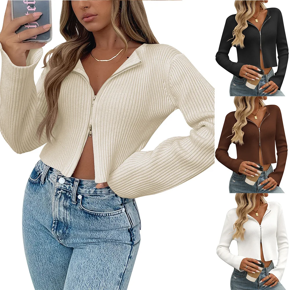 YJKDYK 2024 Spring Autumn New Women\'s Knitted Tops Hot Girl Solid Color Long Sleeved Zipper Cardigan Sweater Female Knitwears