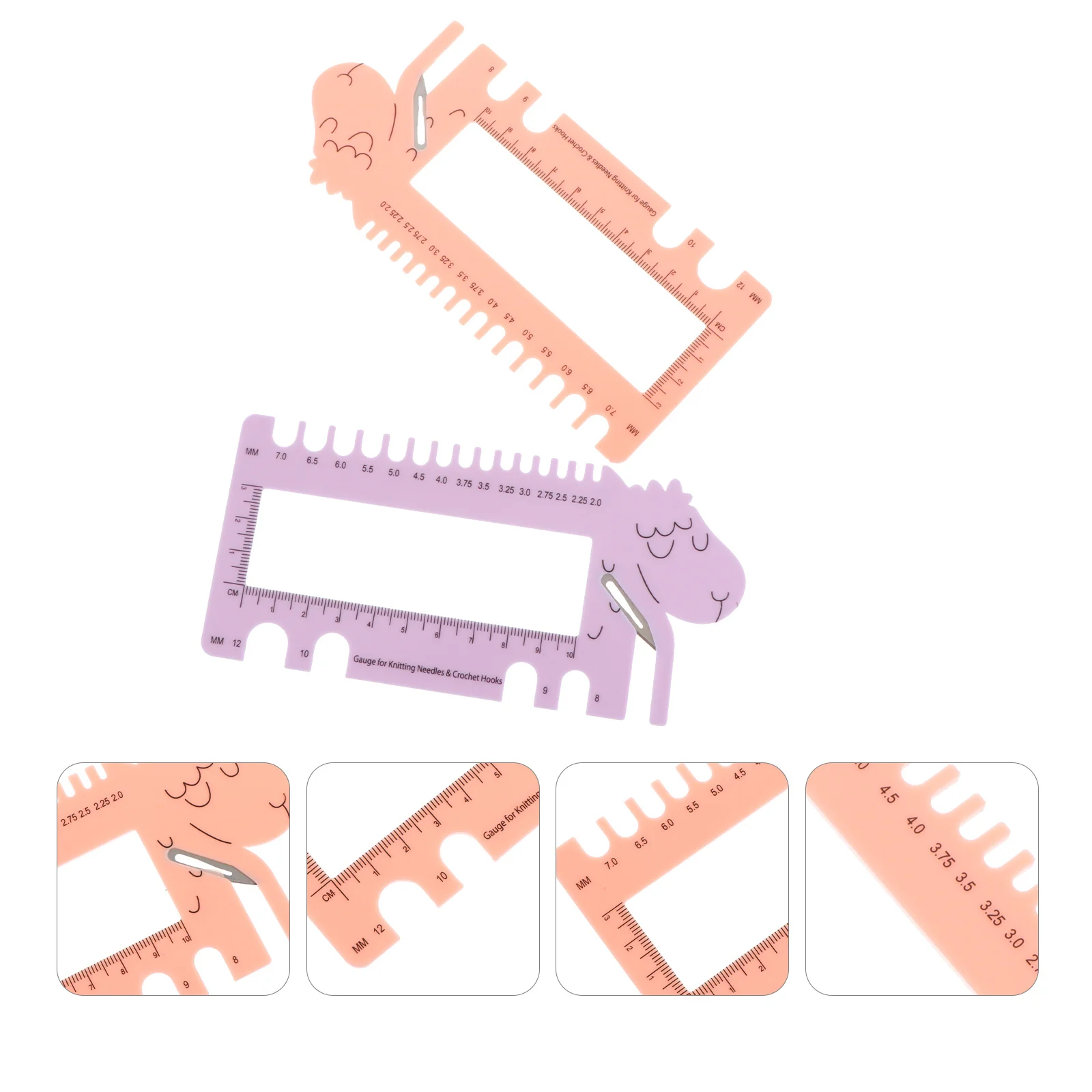 

2pcs Sheep Head Crochet Needle Gauge Ruler Knitting Measure Tool Durable Lightweight Plastic Stitch Ruler Smooth Edges For