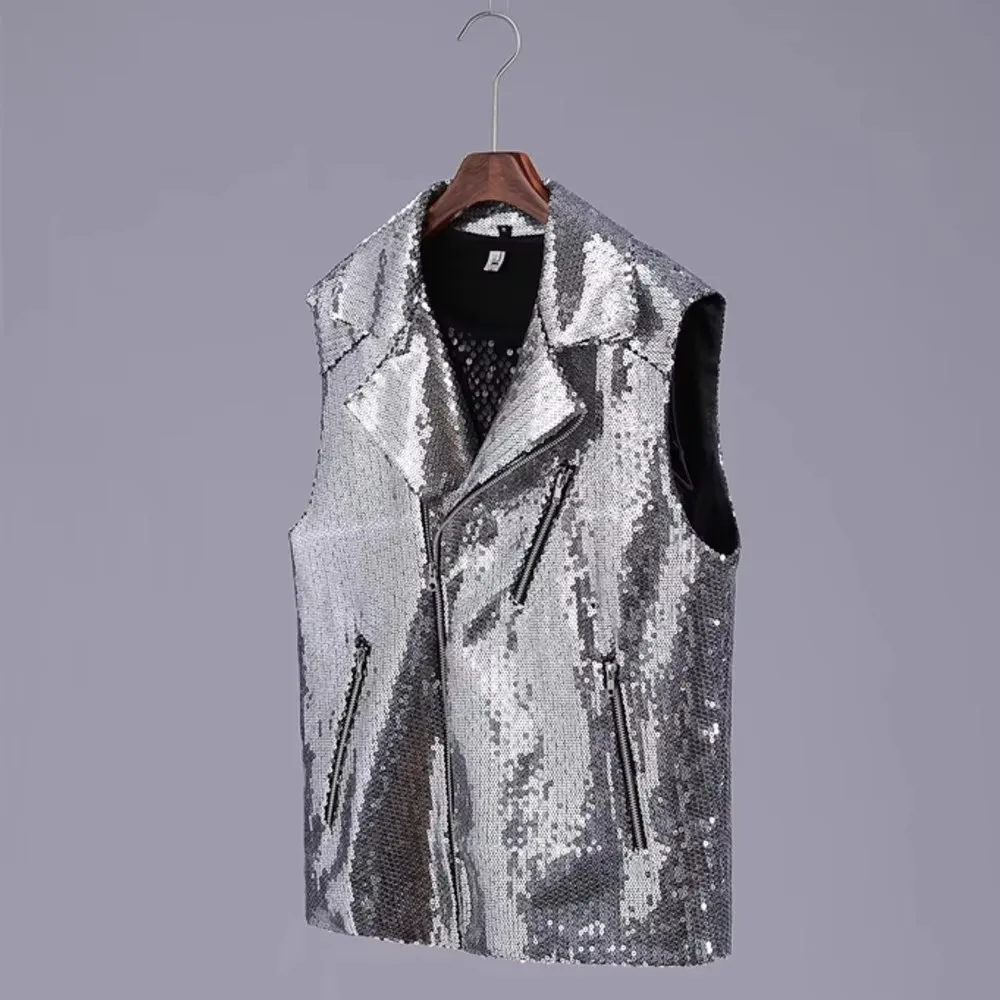 الرجال صدرية ضئيلة الفضة الترتر بار المغني المرحلة زي سستة طبل معطف الرقص الذكور سترة راقصة لامعة الأداء الملابس