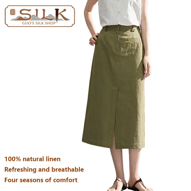 

Натуральная льняная женская юбка-миди с завышенной талией, элегантная, для весны-лета, для активного отдыха, модная повседневная одежда