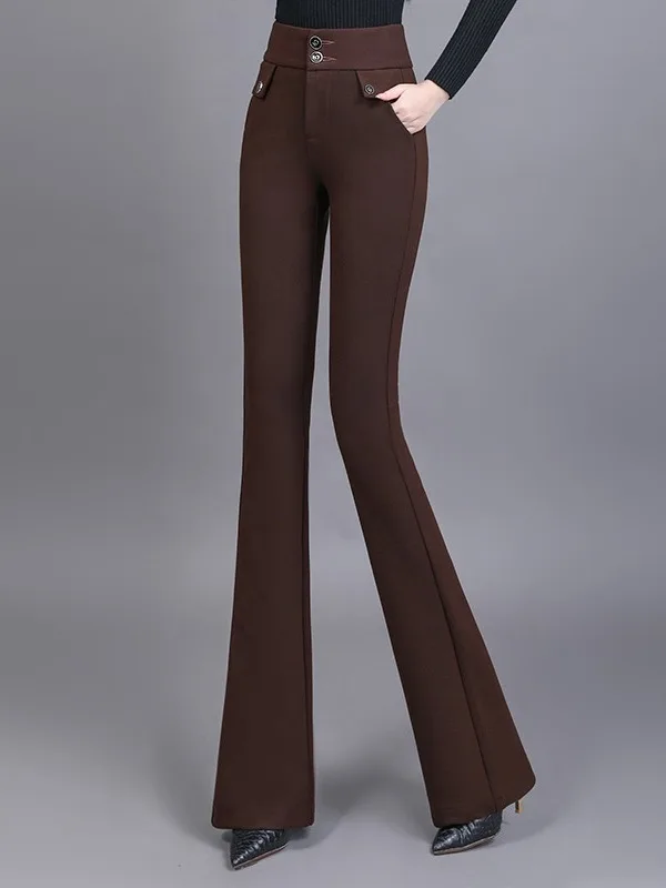 High Waist Fleece Lined Thickened Micro Flared Pants Women's Spring Autumn Winter Style Suit Pants Casual Floor Length