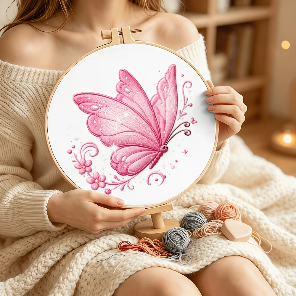 Embroidery Stitch Practice Kit For Adults Beginners Pre‑Printed Cloth Bamboo Hoop Thread Needles Hand‑Stitching Learning Craft