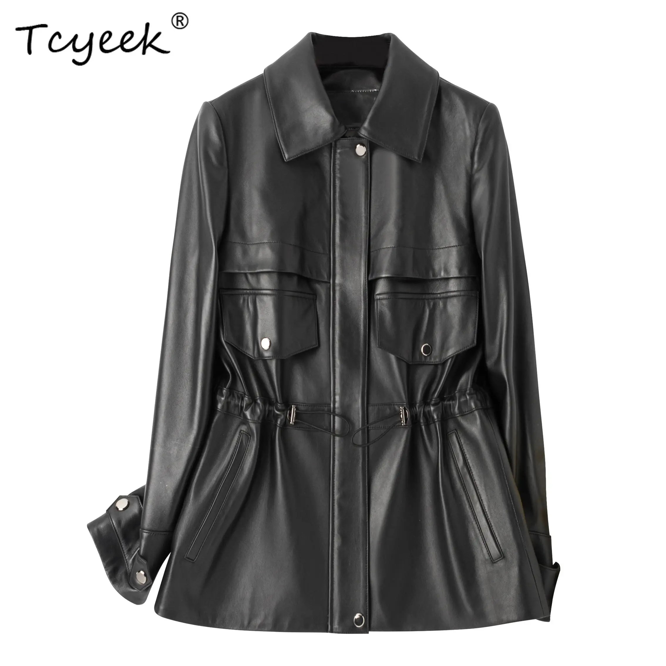 Tcyeek トップレイヤーシープスキン春秋スクエアネックブラックミディアム丈レディース本革ジャケット Женская Кожаная Куртка