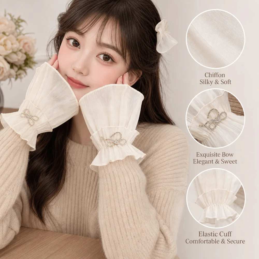 

Ruched Pleated Detachable Cuffs Fingerless Gloves Crystal Bow Chiffon Sleeves Nail Art Accessories Lace Fake Sleeves Cuffs