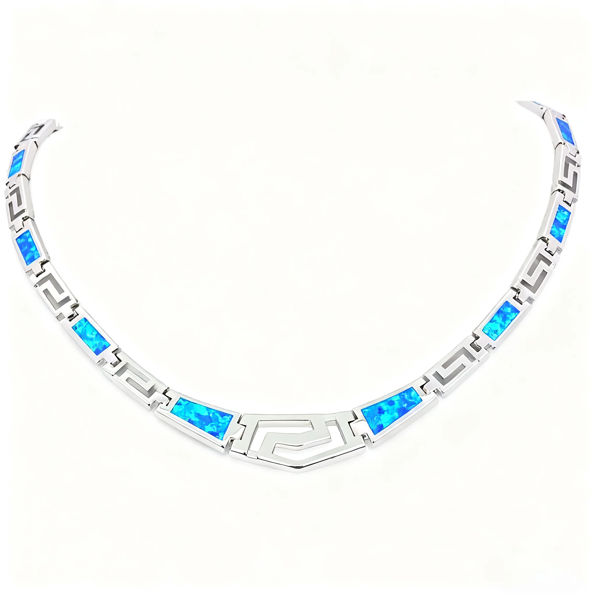 

JLOP Ancient Greece Inspired Jewelry Silver Color Greek Key Aegean Blue Meander Opal Necklace Vintage Jewellery Gift for Women