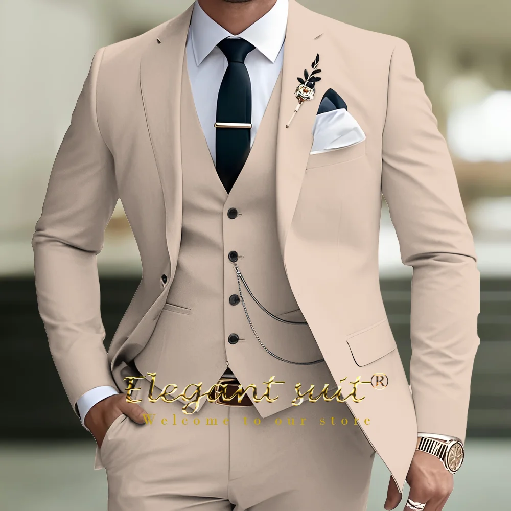 

Men's 3 Piece Beige Suit Blazer Waistcoat Pants with Chain Detail Premium Formal Attire for Sophisticated Occasions