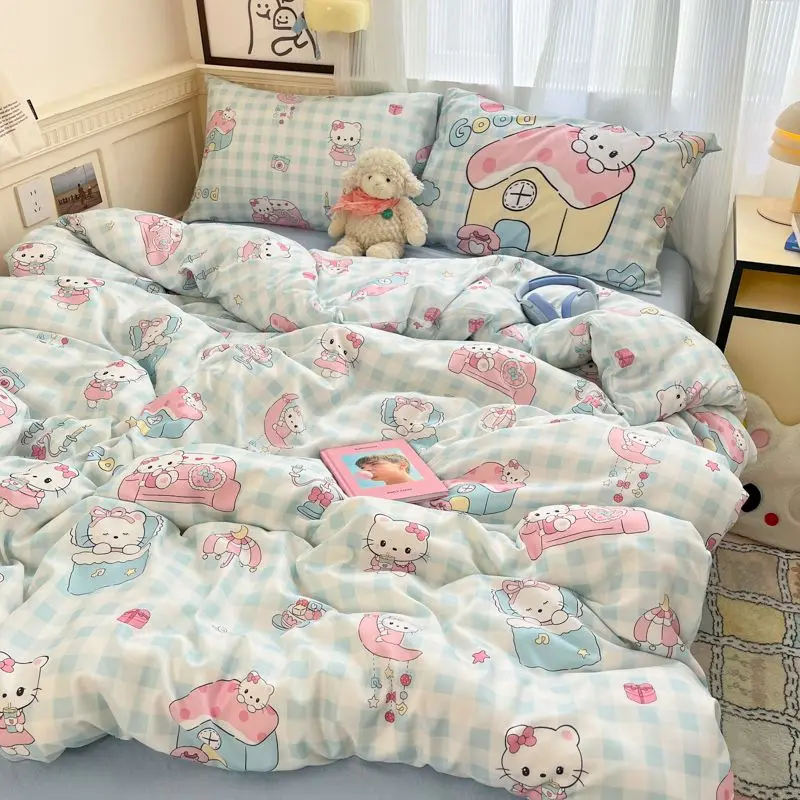 

Hellokitty Bedclothes Sanrio Creative Kawaii Anime Four Piece Set of Washed Cotton Bed Cartoon Cute Sheet Duvet Covers Girl Gift