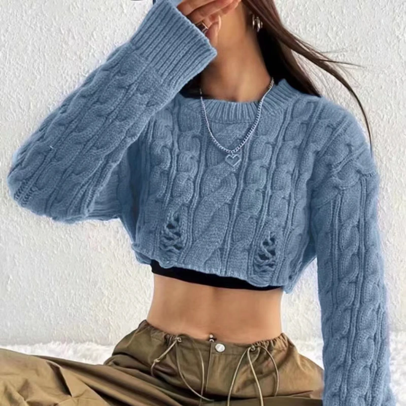 Autumn And Winter New Design N Spicy Girls Round Neck Hemp Pattern High Waist Navel Exposed Long-sleeved Blouse