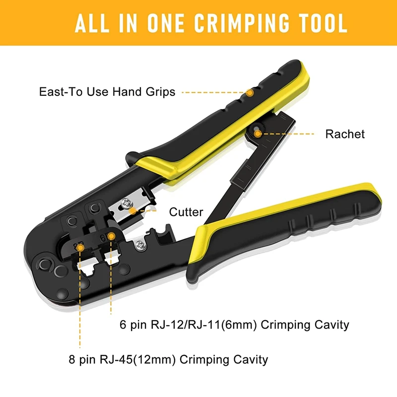 RJ45 Crimp Tool Kit For Cat5 Cat5e Cat6 Modular Plug Connectors, RJ-11, 6P/RJ-12, 8P/RJ-45 Network Crimp Tool