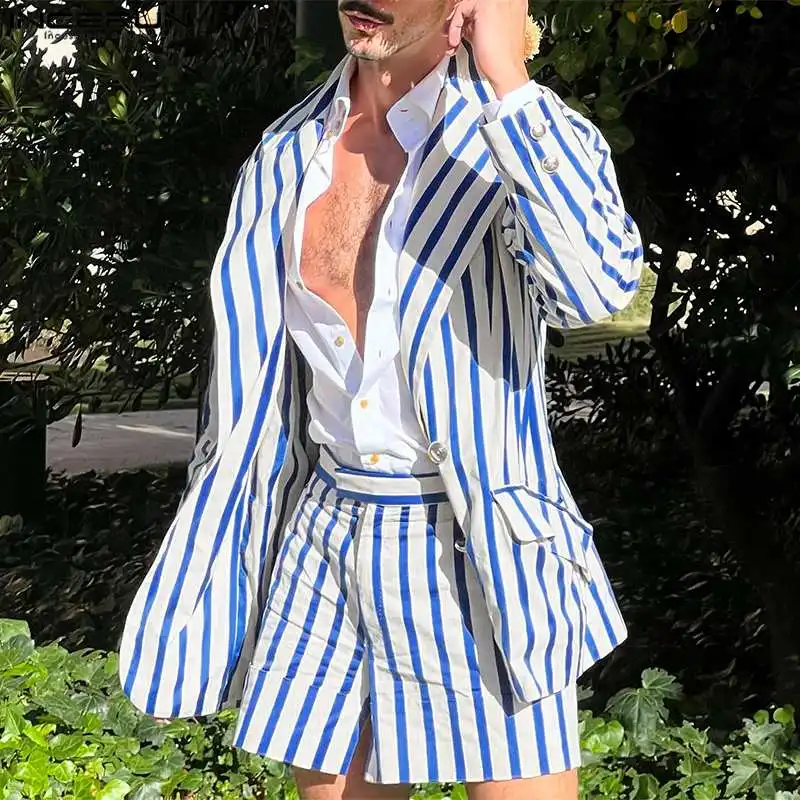 2024 Men Striped Sets Long Sleeve Double Breasted Blazer & Shorts Two Pieces Sets Streetwear Fashion Men\'s Casual Suits INCERUN