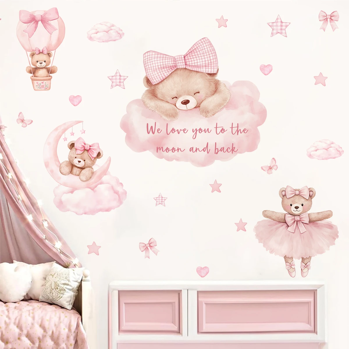 Cartoon Rosa Bär „Wir lieben dich...“ Wolken Stern Kinderzimmer Wandaufkleber Vinyl Kinderzimmer Kunst-Dekor Schlafzimmer Wohnzimmer Heimdekoration – Detail 5
