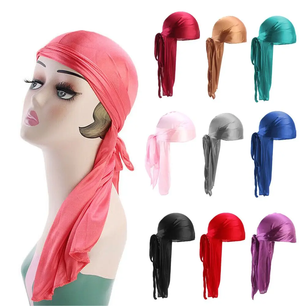 Durag en soie pré-noué tendance, chapeau de pirate élastique réglable, turban en polyester, hijab pour hommes et femmes