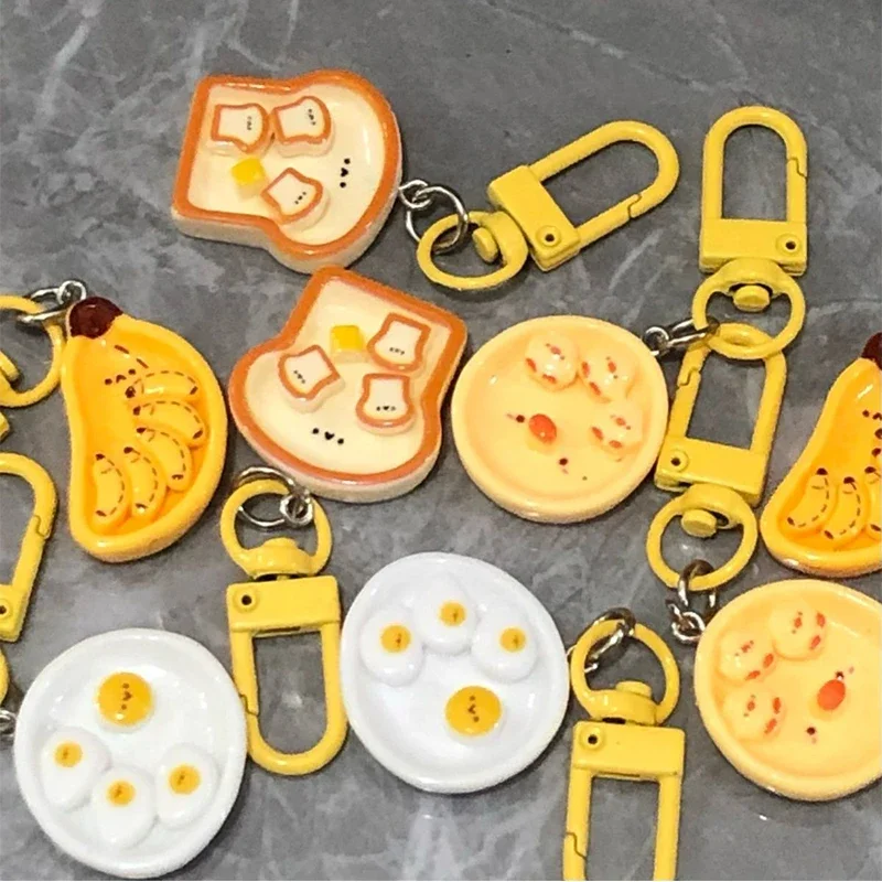 Cartoon Cute Breakfast Plate Bread Banana Eggs Pendant Key Chain Yellow Fun Food Toys Keychain Women Girls Backpack Bag Pendant