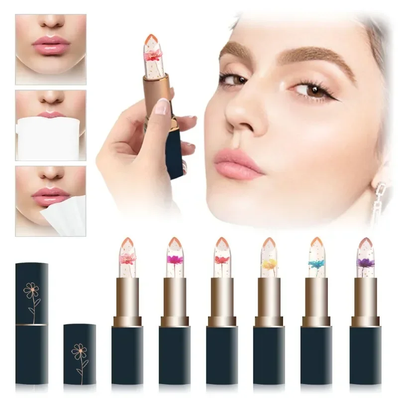 Cosmetics Mirsist Dark Blue Tube Clear Dry Flower Lipstick Gold Leaf Jelly Color Changing Moisturizing Lip Balm for Women