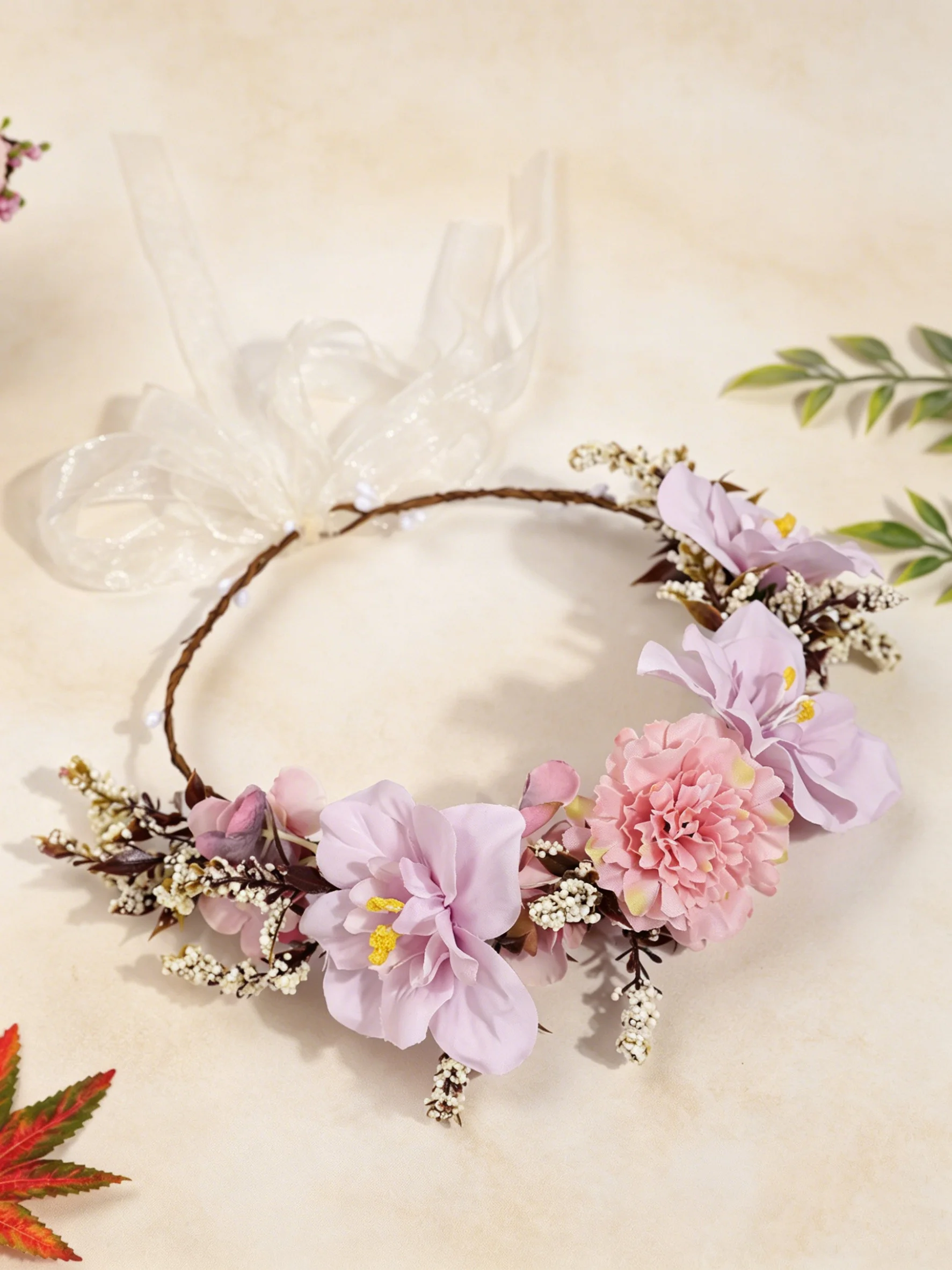 Hot-Selling Pink and Purple Artificial Flower Headband, Bohemian Style Wreath, Wedding Party Photo Shoot Atmosphere Hair Accessory image 3