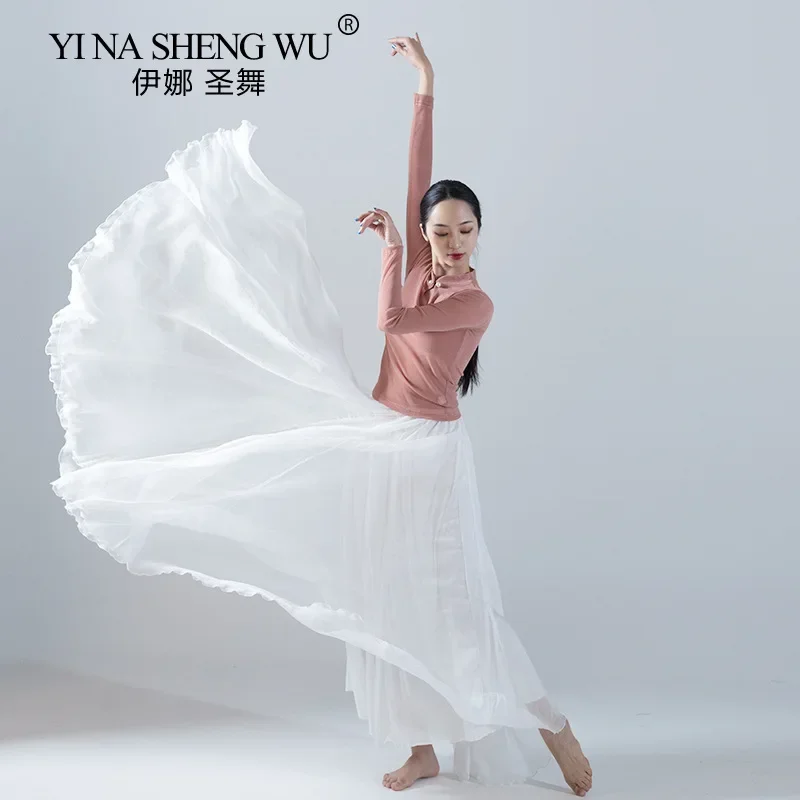 Colletto rialzato Top vuoto Gonna grande bianca Abbigliamento da danza classica Abbigliamento da donna per prestazioni professionali Top a maniche lunghe