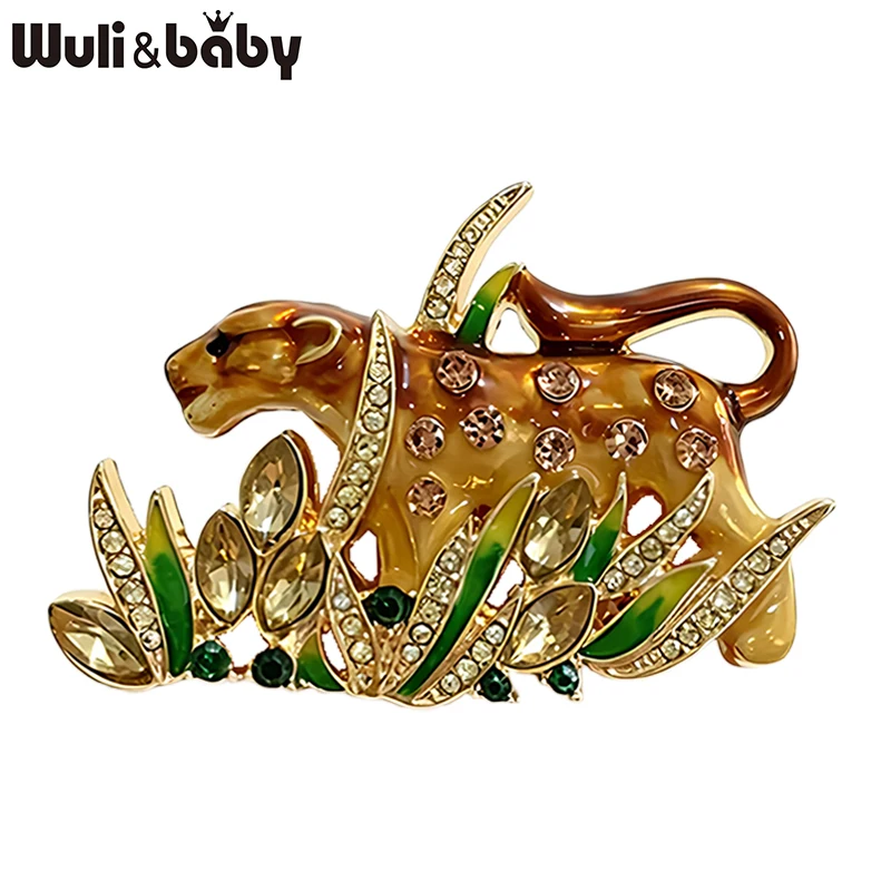 Wuli&baby Emaille-Broschen mit Leopardenmotiv für Damen, Unisex, 2-farbiger Strass in Gras, Tier, Party, Büro, Brosche, Geschenke