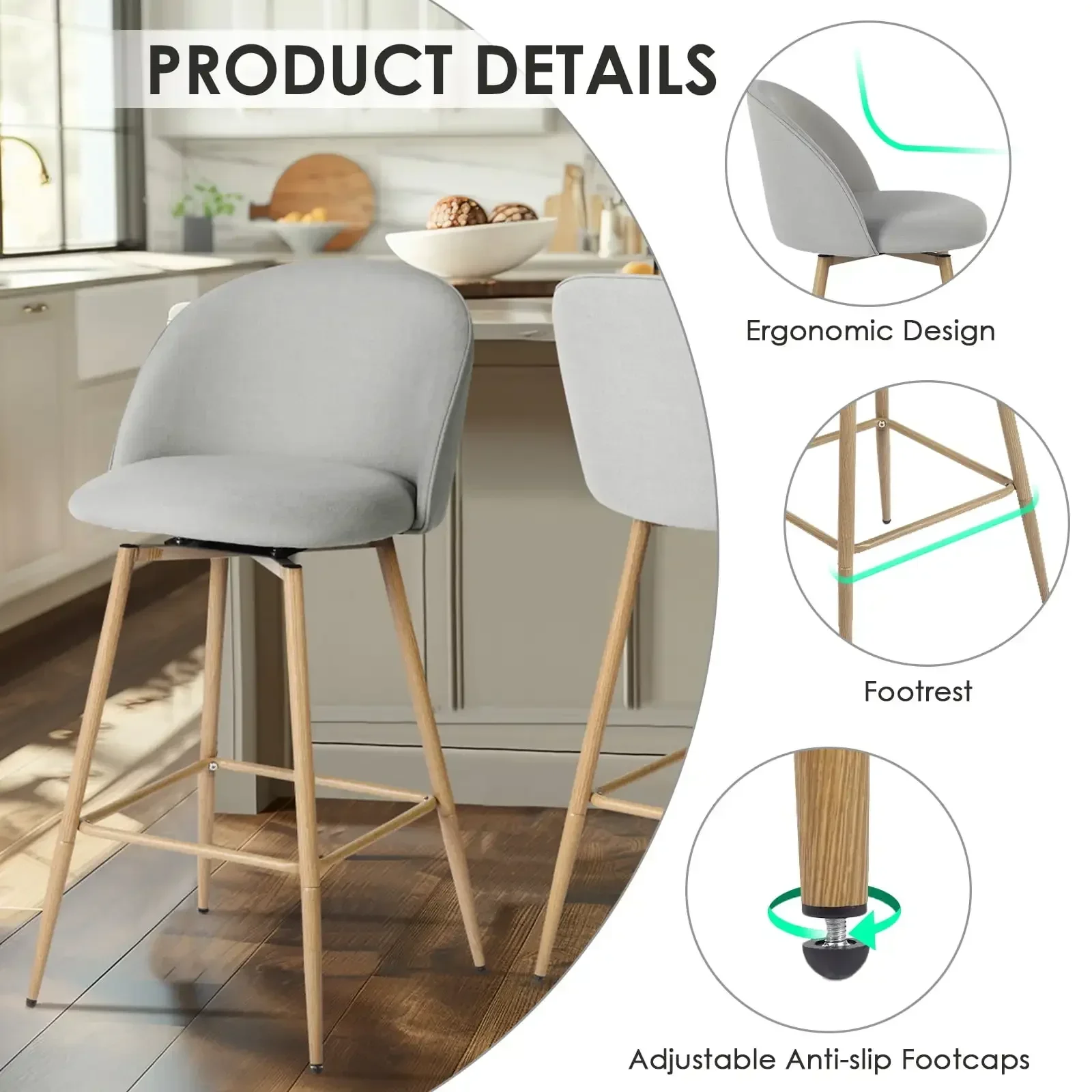 26" Counter Height Bar Stools Set of 2, Swivel Stools for Kitchen Island, Grey