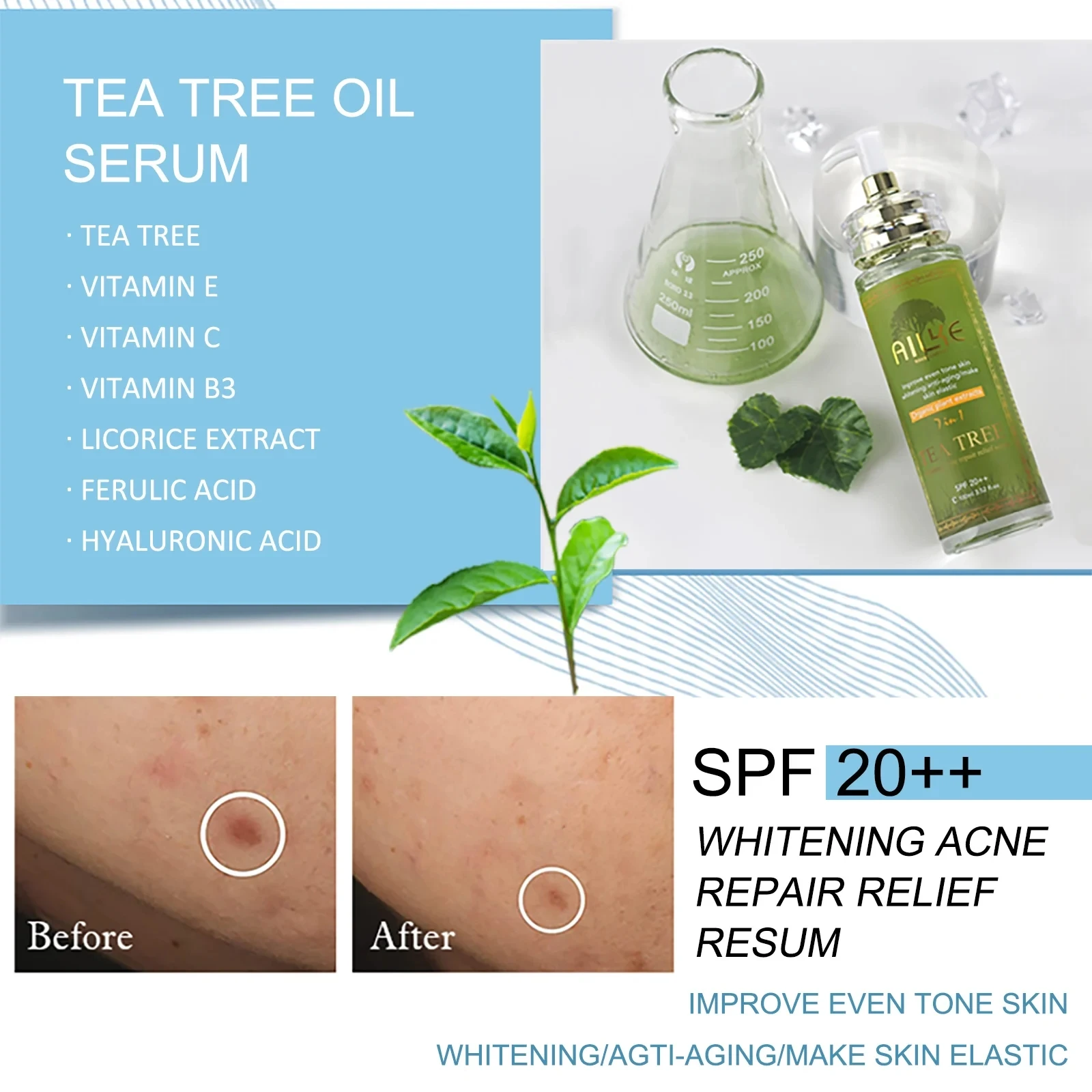 เซรั่มน้ำมันทีทรี AILKE สำหรับผิวหน้าและผิวกาย ช่วยให้ผิวกระจ่างใส ชุ่มชื้น ลดสิว ด้วยวิตามินอีและวิตามินบี3 ขนาด 100 มล.