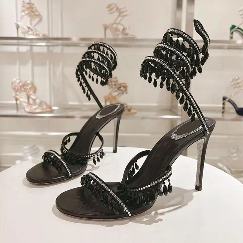 

assels Rhinestone Decor Thin High Heels Sandalias Women Ankle Snake Shaped Strap Entanglement Sandals Summer Party Dress Shoes