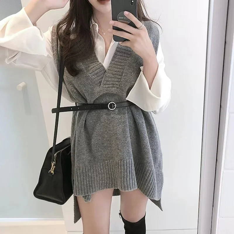 V-hals Mouwloos Los Gebreide Riem Trui Vest Vrouwen Veelzijdige Bovenkleding Herfst Winter Tops Nieuwe CasualSolid Knitwear Tank Top