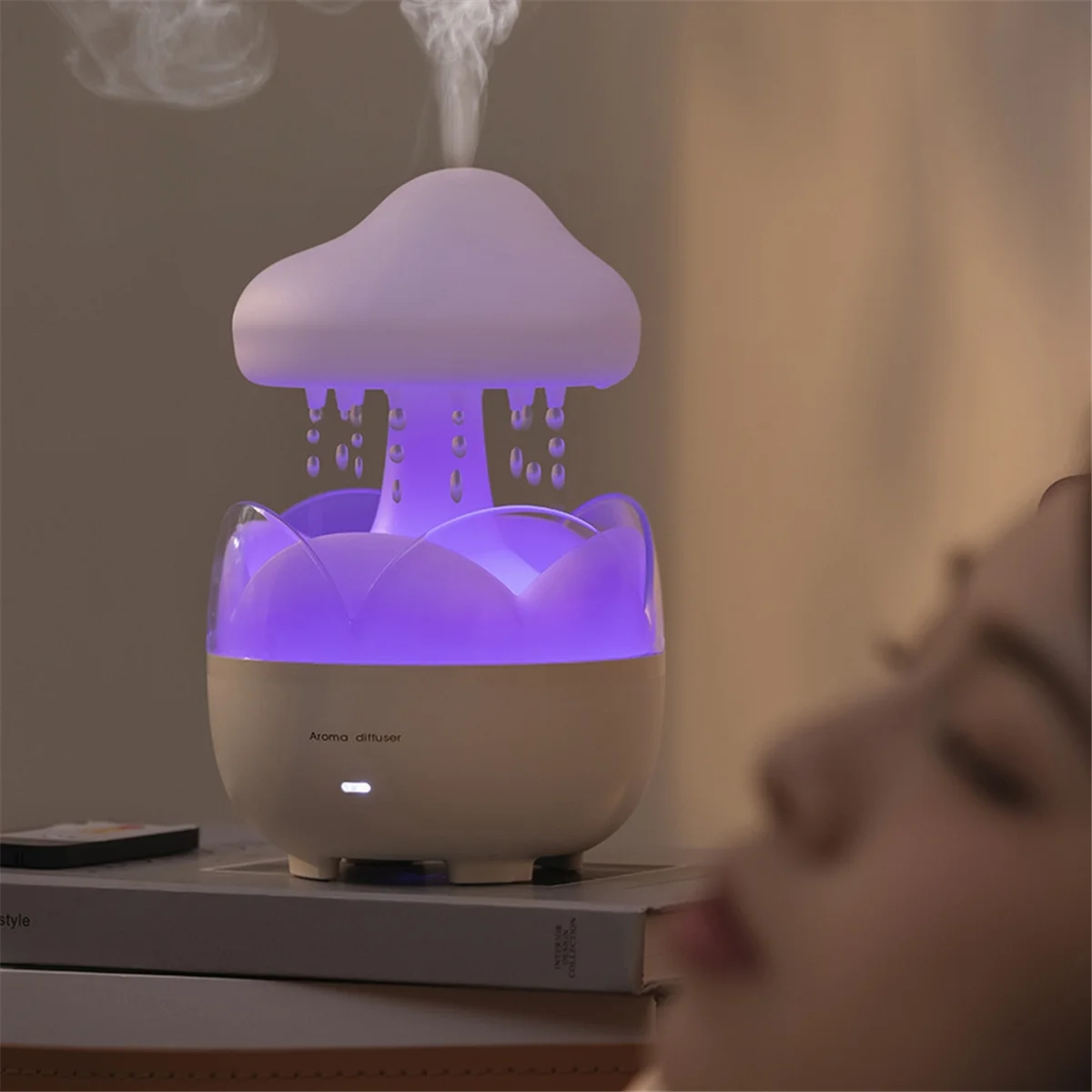 ABBZ-3 in 1 Rain Cloud Water Drip Humidifier with Remote Oil Diffusers Lamp Mushroom Humidifier for Bedroom US Plug