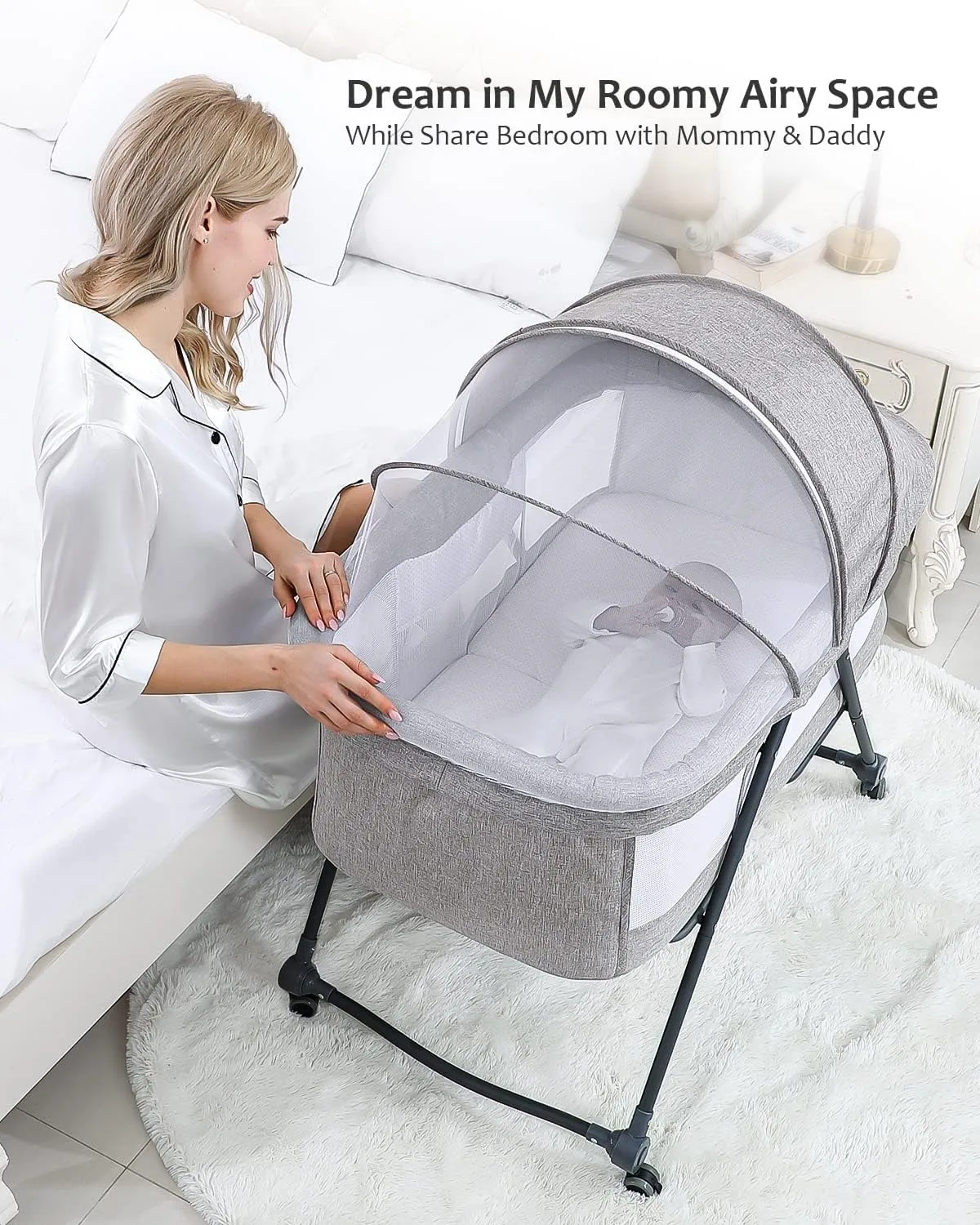 4-in-1 Konvertierbares Baby-Reisebett – Schaukelndes Beistellbett mit Geräuschlosen Rädern, Faltbares Design, Ideal für Neugeborene bis Kleinkinder – Detail 1