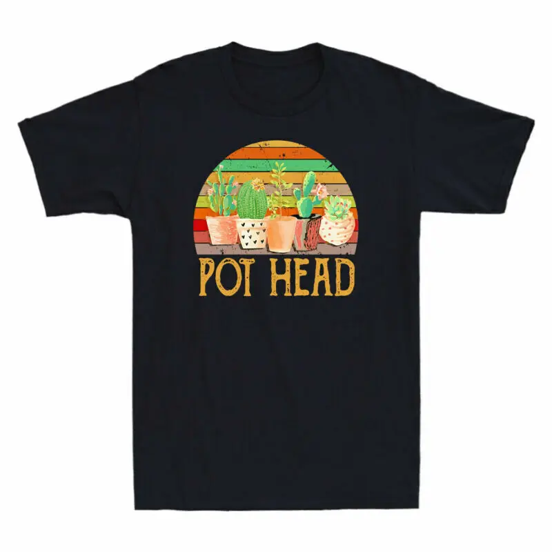 

Cactus Pot Head Gardening Flowers Sunset Vintage Men's T-Shirt Cotton Black Tee