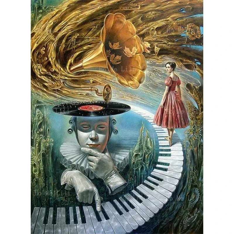 Surrealistic Music Life The Girl Walked On The Piano Art Nouveau Beautiful Woman Collage Style Canvas Wall Art Painting