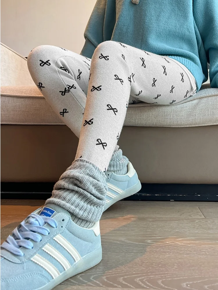 SMTHMA โบว์พิมพ์ถักเลกกิ้งสำหรับผู้หญิงฤดูใบไม้ร่วงฤดูหนาว 2025 ใหม่เอวสูงรัดรูปยืดหยุ่นสำหรับสวมใส่ด้านนอก