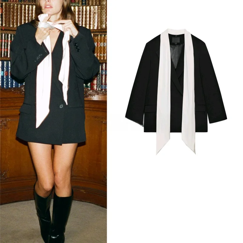 Winter New Women's Suit Coat with oulder Pads Long Sve Turn-down Collar Detachable Color Blo Scarf Casual Sle Polyes...