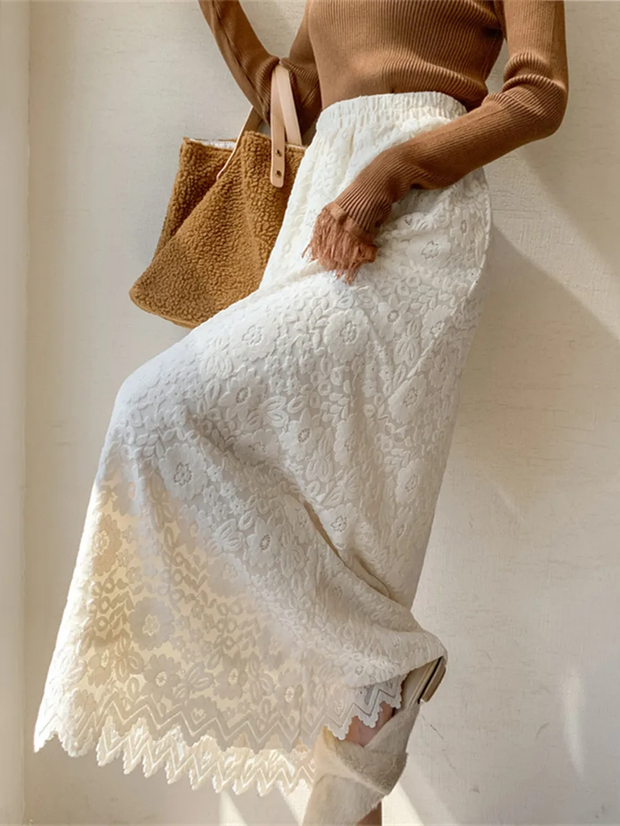 2025 New Arrival Thickened Fleece-Lined Lace Skirt For Women Vintage French Crochet Lace High-Waisted Slimming A-Line Maxi Skirt