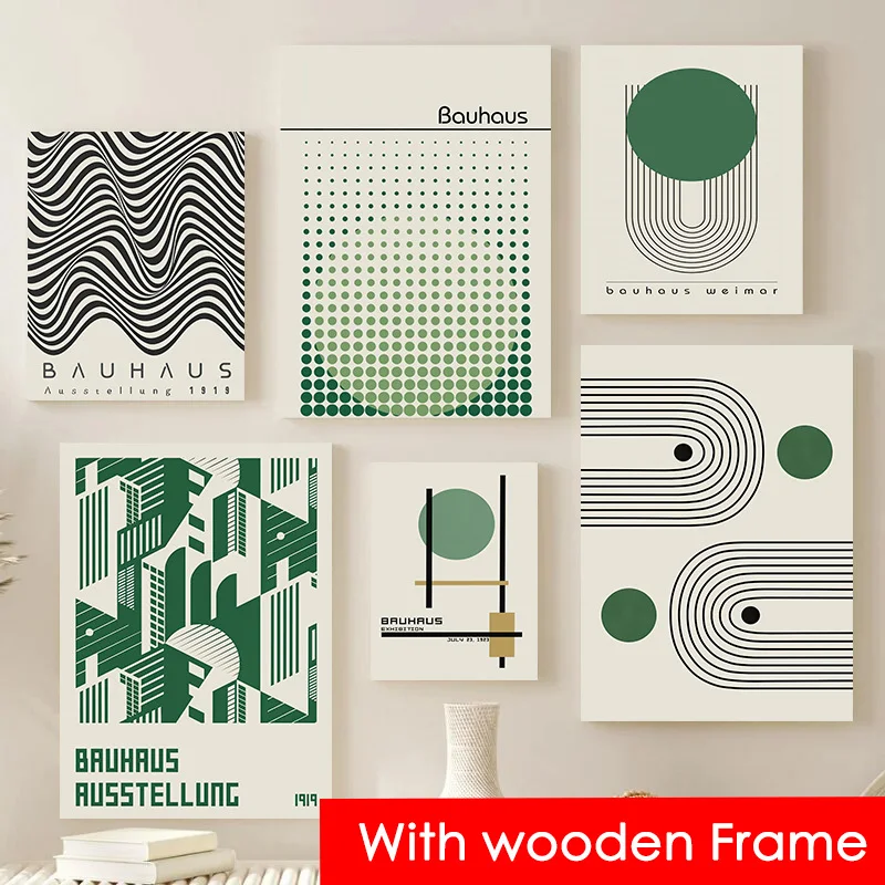 Bauhaus Abstract Poster with Frame Green Color Block Lines Canvas Painting Nordic Modern Room Wall Art Pictures for Home Decor