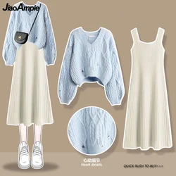 Women Autumn Winter Sweater Tank Dress Two Piece Set 2024 New Korean Lady Casual Simple Knit Pullover Sleeveless Dresses Outfits