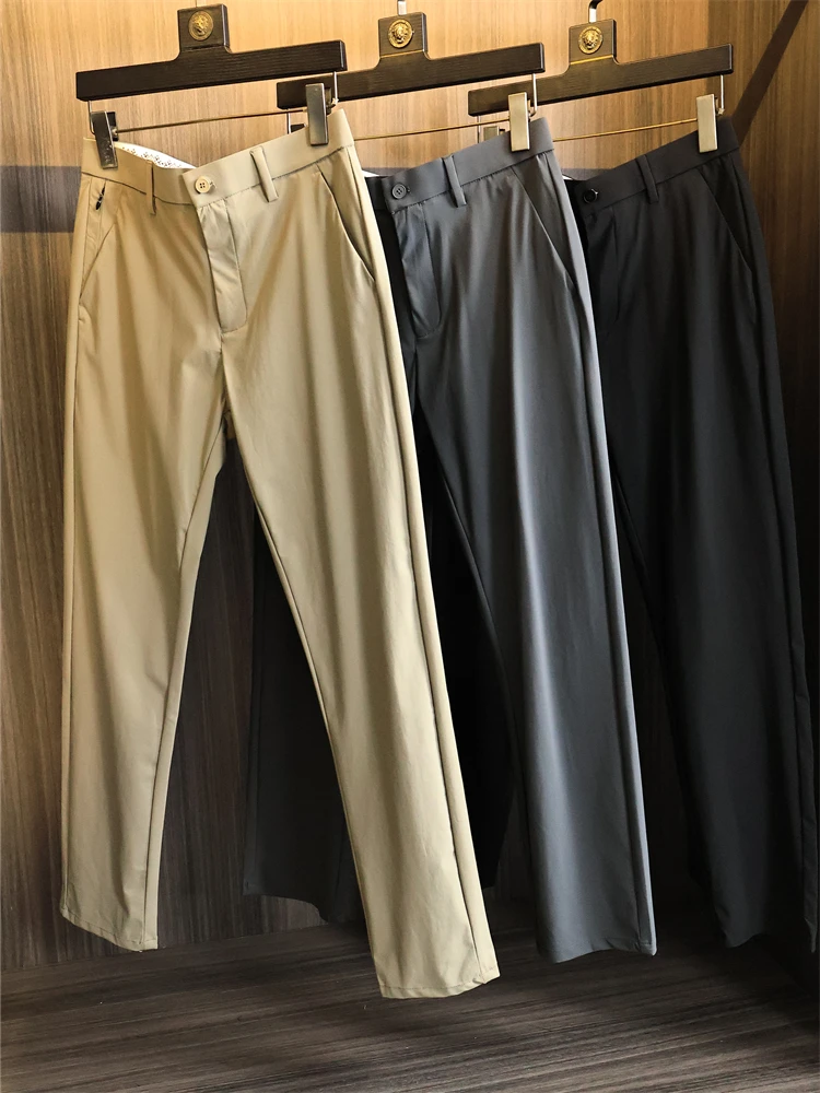 

High-End Elastic Texture Men's Busin Casual Straight Leg Pants Pure Color Summer Faion Urban Sle Long Pants