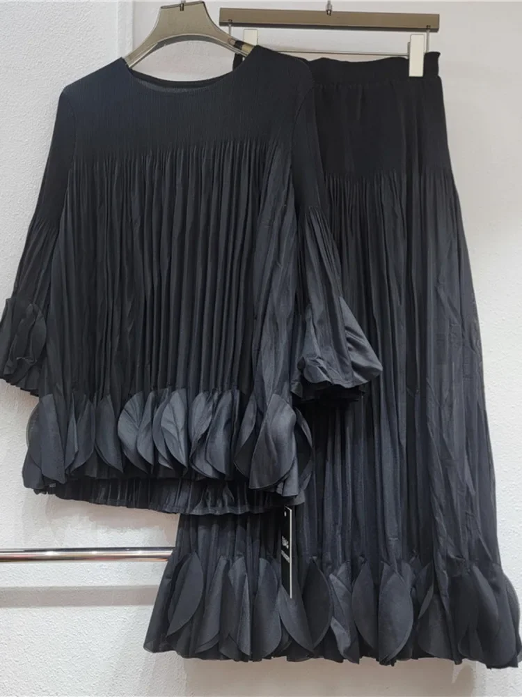 

ALSEY Miyake Женский однотонный костюм 2025 Лето Новый топ с круглым вырезом и длинными рукавами + юбка до половины тела с эластичной резинкой на талии Комплект из 2 предметов
