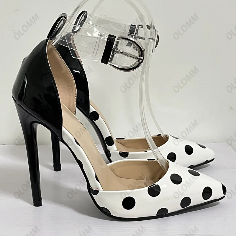 Olomm اليدوية المرأة الصيف البولكا نقطة مضخات مثير كعب ستيليتو أشار تو أنيقة فستان الحفلات السوداء أحذية النساء الولايات المتحدة حجم 5-15
