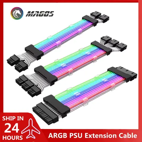 PSU Extension Cable RGB, ATX 24Pin GPU 8Pin Triple Streamer PCI-E 6+2P Dual Rainbow Cord 5V Sync, PC Case Decoration