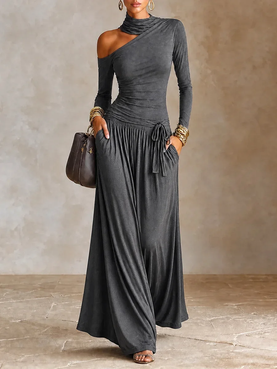 MsChuh Women's Casual Dresses Ropa Mujer Asymmetric Cold Shoulder Long Sleeve Drawstring Waist Loose Maxi Dress Casual Party Wea