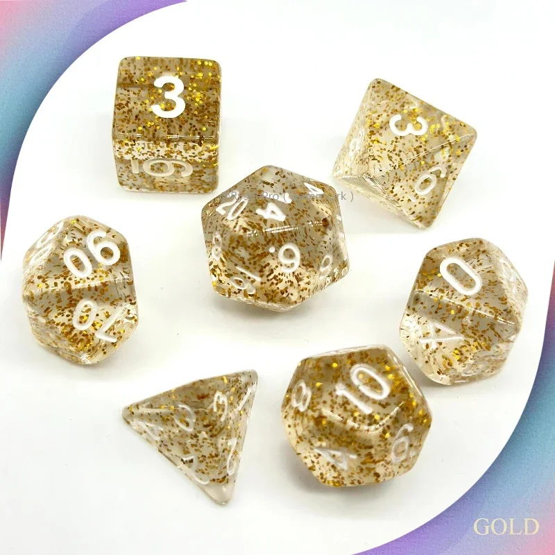 

7 шт., набор прозрачных кубиков с блестящими кристаллами, закругленные многоугольные кубики для подземелий и драконов, D&D, ролевые игры, кубики
