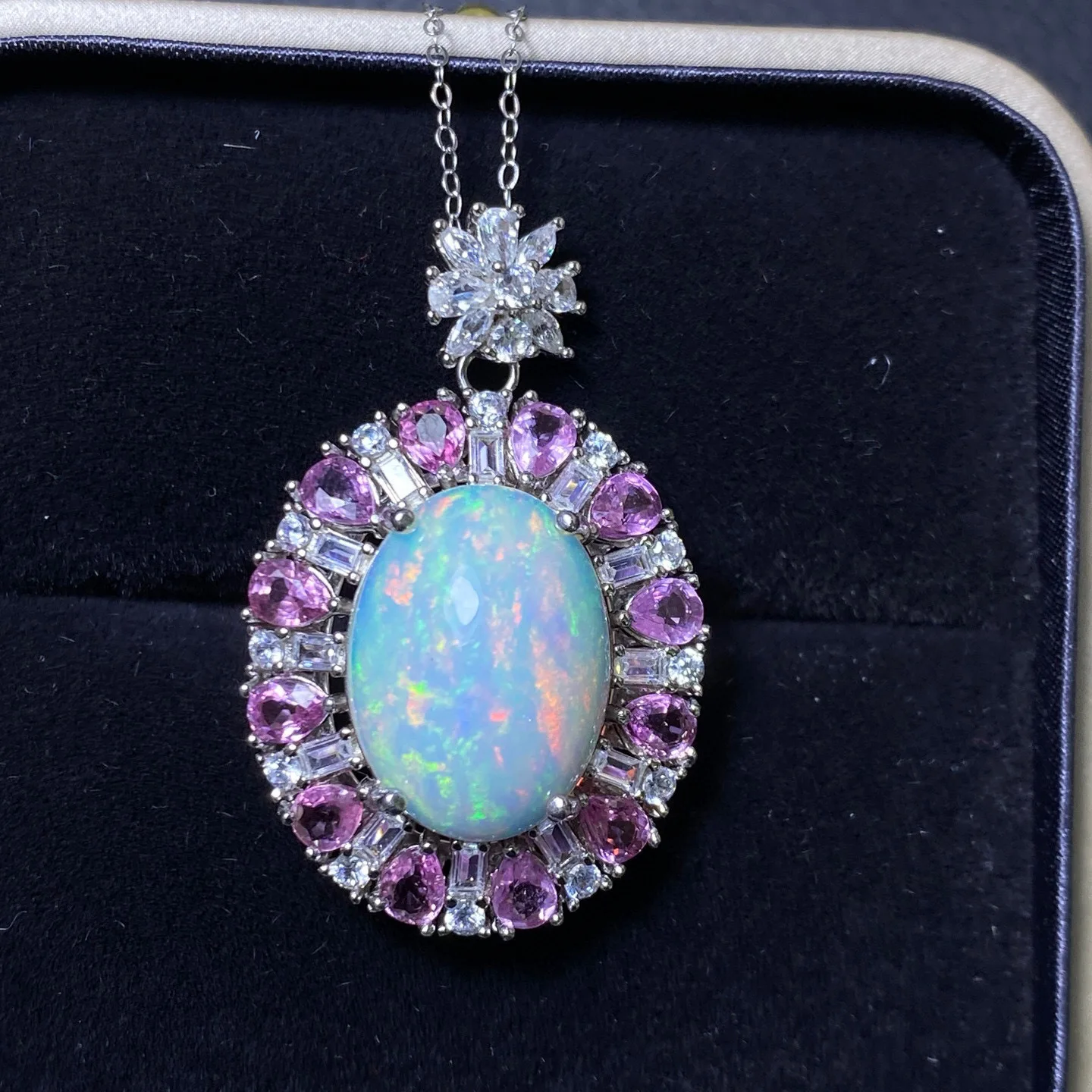 

Natural Opal Pendant Necklace, 925 Silver Setting 12x16mm Main Stone with Pink Sapphire, Free Silver Chain, Vibrant Opal Jewelry