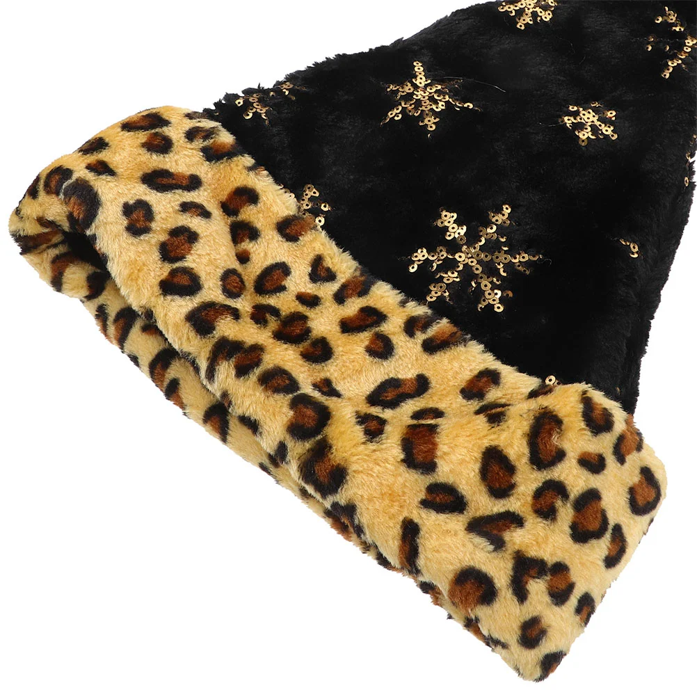 2 PCS Leopard Print Christmas Hat Santa for Adults and Kids Black Sequin Xmas Printing School Events Plush