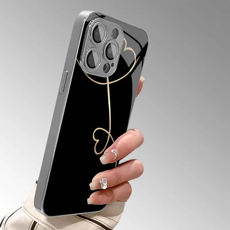 

Love heart pattern electroplated glass phone case suitable for iPhone 17 16 15 14 13 12 11 Pro/Max/Plus shockproof back cover