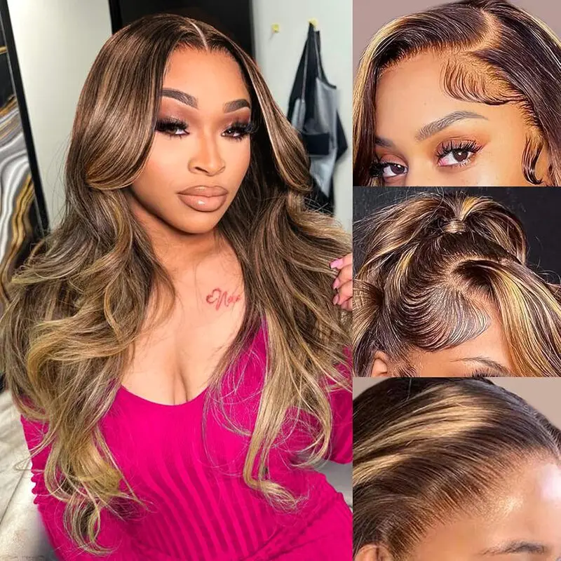 Highlight Human Hair Wigs 13x4 HD Lace Front Wig  Pre Plucked 4/ 27 Body Wave Frontal Wigs Real Hair for Women 200% Density