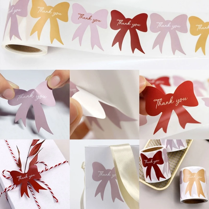  120Pcs Ribbon Bowknot PVC Sticker Adhesive Thank You Labels Sticker for Birthday Wedding Party Gift Packaging Decoration