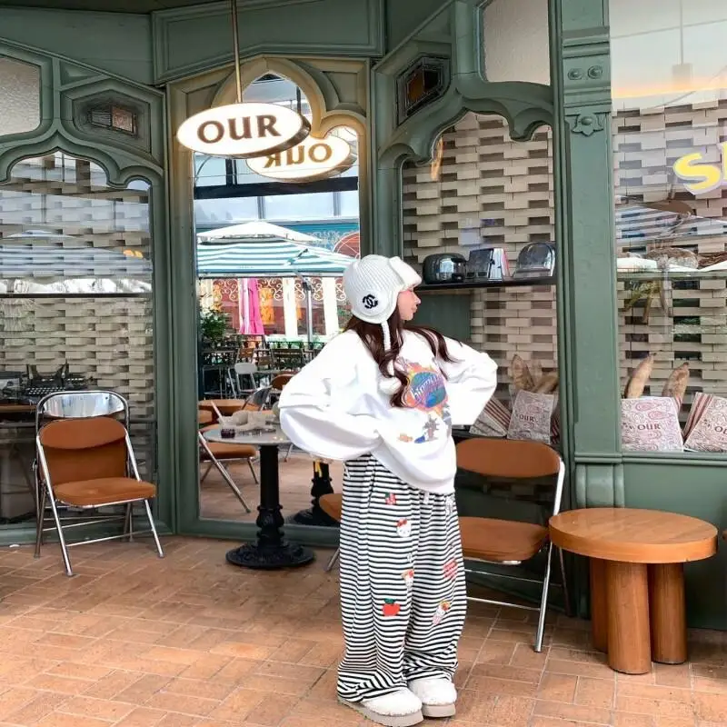 

Kawaii аниме модные повседневные спортивные штаны в полоску Sanrio Hello Kitty для осени и зимы, новый комплект из двух предметов, спортивный костюм для женщин, тренажерный зал