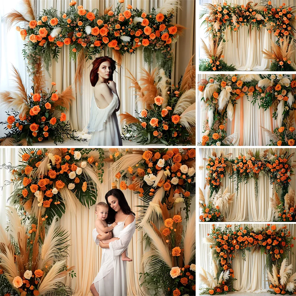 

Mocsicka Boho Wedding Photography Background Warm Orange Curtain Floral Pampas Grass Backdrop Newborn Baby Birthday Photo Studio