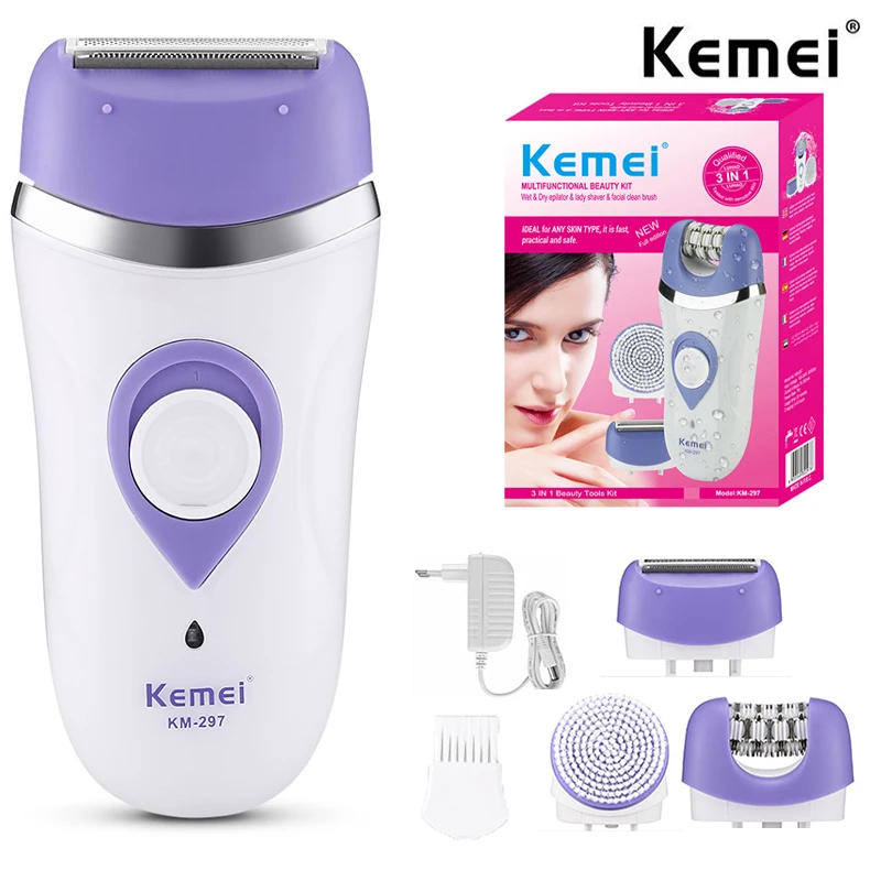 Kemei 297 Powerful Electric Epilator For Women 3 in 1 Facial Body Hair Removal Machine For Bikini Underarms Legs Rechargeable