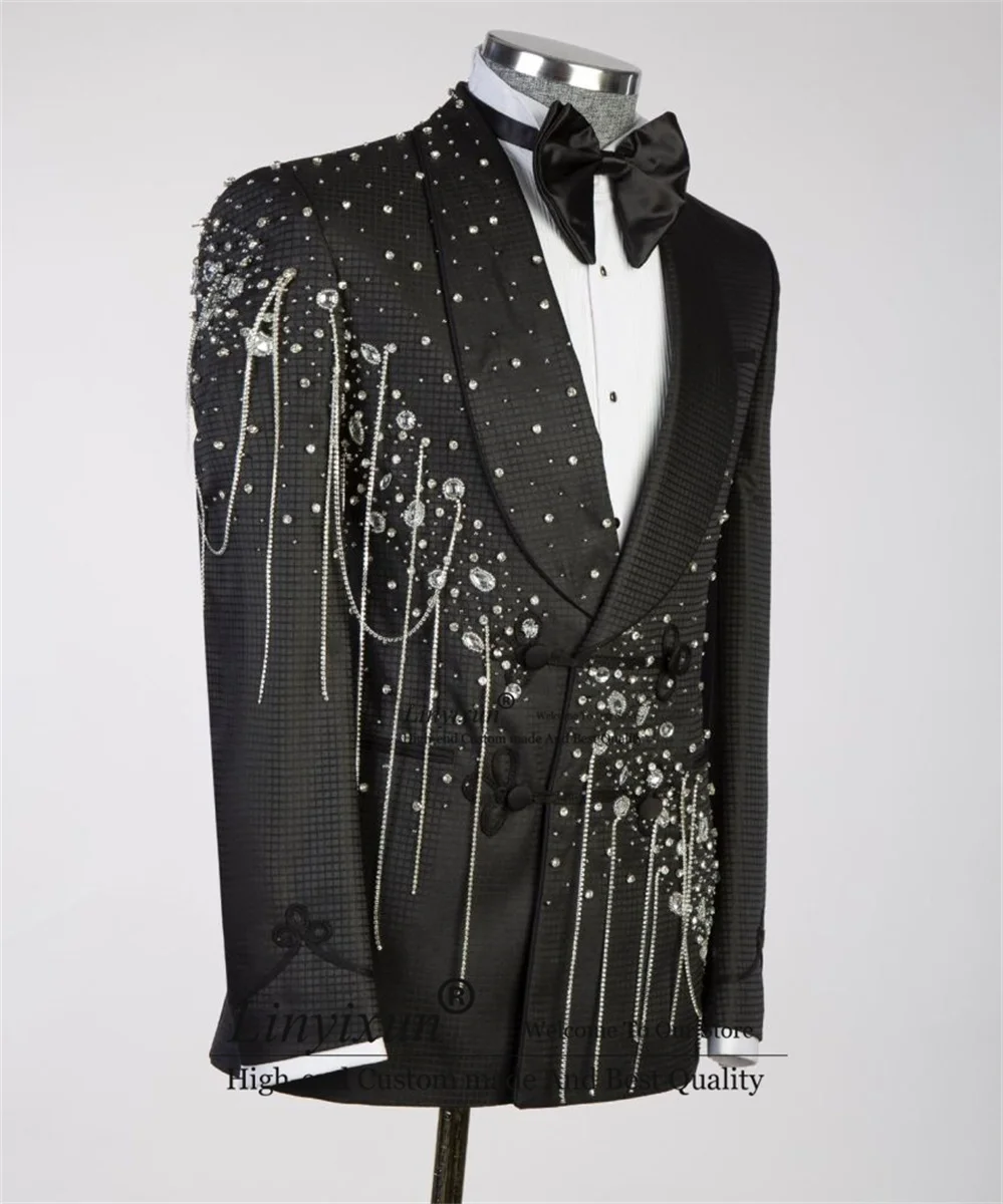 Sliver  Diamond Tassel Decorated Tuxedos Men Suits Groom Wedding 2 Pieces Sets Bridegroom Prom Blazers Slim trajes para hombre